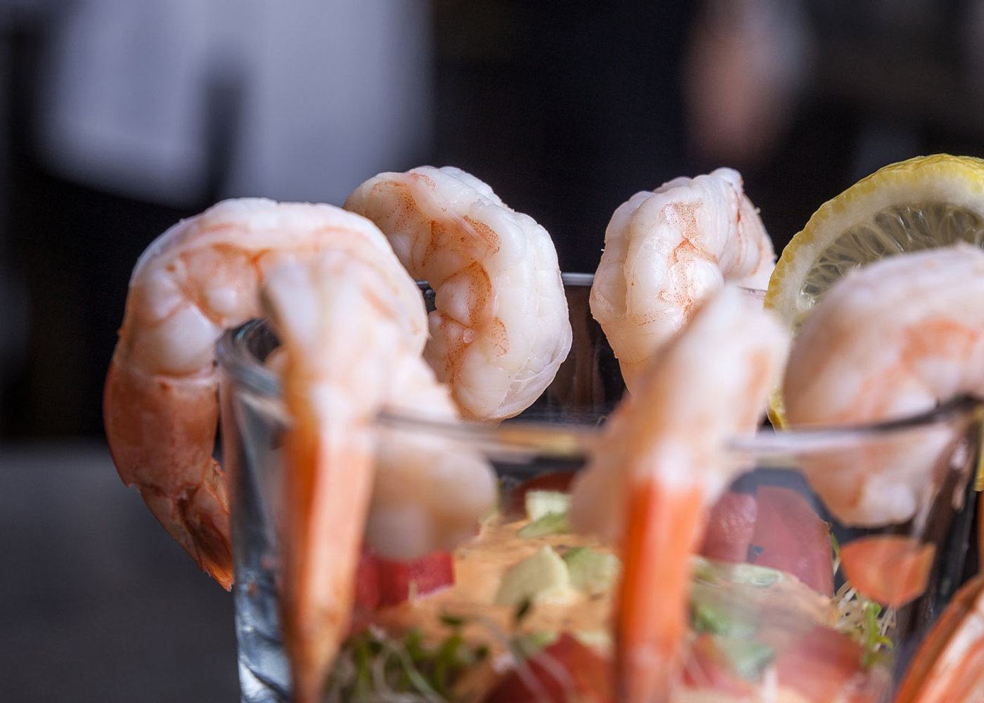 Jumbo boiled shrimp served in a chilled glass